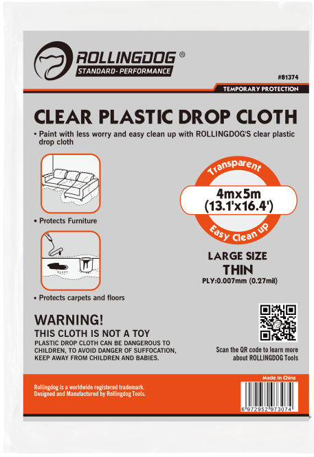 Clear Plastic Drop Cloth. Size:4m x 5m. PLY:0.27mil (0.007mm). Protects Furnitures. Protects carpets and floors.