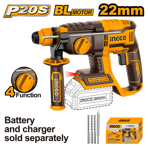 Cordless Rotary Drill B/Less 20V PS+ ACC 4PC Ingco