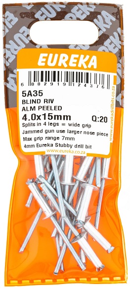 Pop Rivets Eureka Aliminium Peeled 4.0mmx15mm QTY20