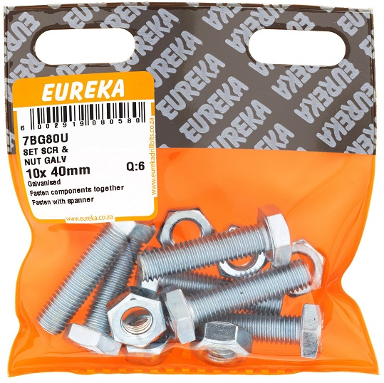 Screw & Nut Eureka Hex Galv 7BG80U 10mmx40mm QTY8