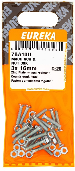 Machine Screw & Nut Eureka CSK Countersunk 7BA10U 3x16mm QTY15