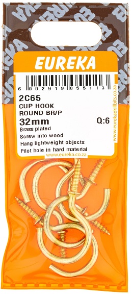 Hook Eureka Cup Hook Round Brass Plated 32mm QTY6