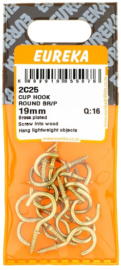 Hook Eureka Cup Hook Round Brass Plated 19mm QTY16