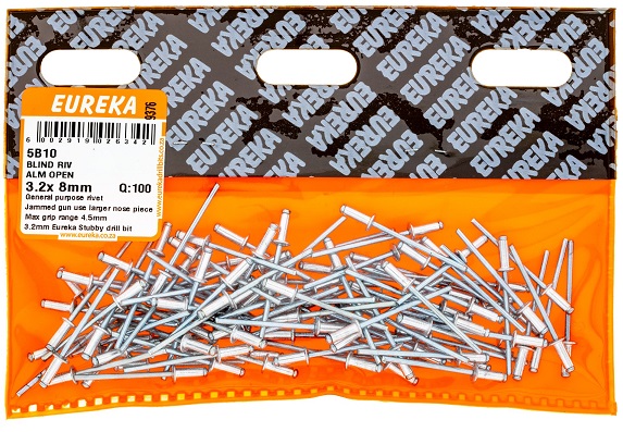 Pop Rivets Eureka Aluminium Open 5B10 3.2mmx8mm QTY100