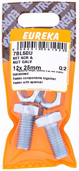 Set Screw & Nut Eureka Galv 7BL50U 12mmx25mm QTY2