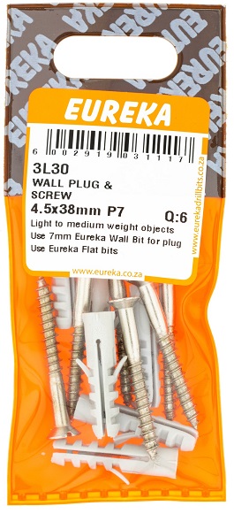 Wall Plug & Screw Eureka 3L30 4.5x38mm QTY6