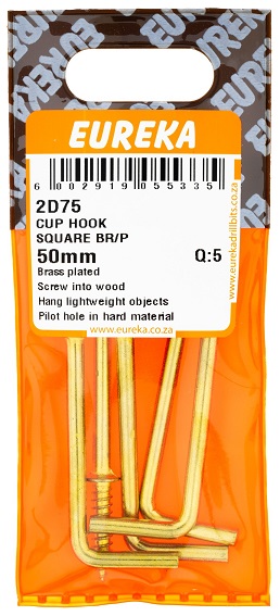 Hook Eureka Cup Hook Square Brass Plated 50mm QTY5