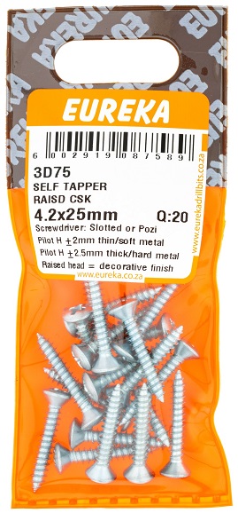 Self Tapper Screw Eureka Raised Head Countersunk 3D75 4.2x25mm QTY20