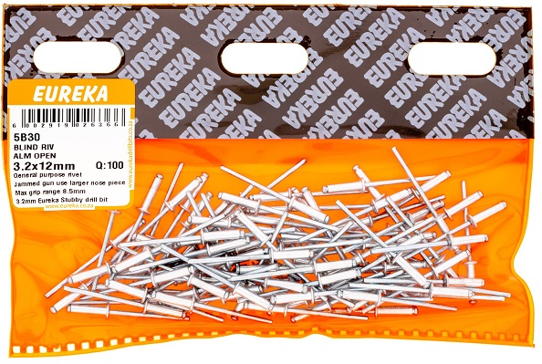 Pop Rivets Eureka Aluminium Open 5B30 3.2mmx12mm QTY100