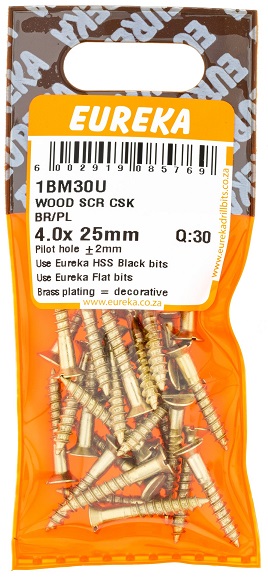 Screw Eureka Wood Countersunk Brass Plated 1BM30U 4.0mmx25mm QTY30