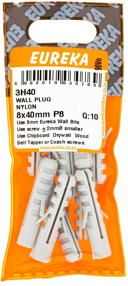 Plug Eureka Nylon Wall 3H40 8mmx40mm QTY10