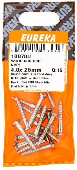 Screw Eureka Wood Raised Head Nickel Plated 1BB70U 4.0mmx25mm QTY15