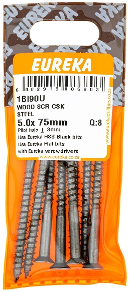 Screw Eureka Wood Countersunk Steel 1BI90U 5.0mmx75mm QTY8