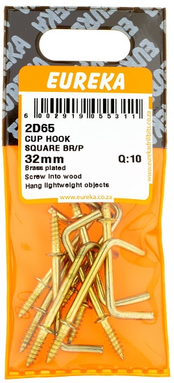 Hook Eureka Cup Hook Square Brass Plated 32mm QTY10