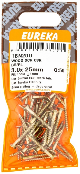 Screw Eureka Wood Countersunk Brass Plated 1BN20U 3.0mmx25mm QTY50