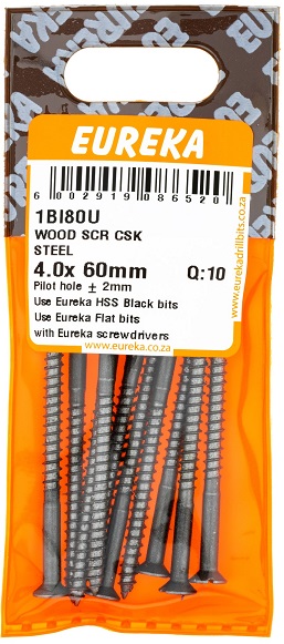 Screw Eureka Wood Countersunk Steel 1BI80U 4.0mmx60mm QTY10