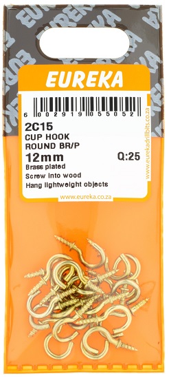 Hook Eureka Cup Hook Round Brass Plated 12mm QTY25