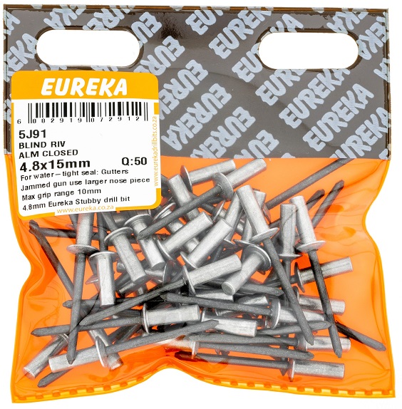 Pop Rivets Eureka Aluminium Close 5J91 4.0mmx15mm QTY50