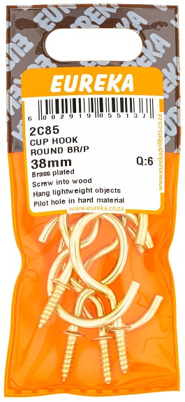 Hook Eureka Cup Hook Round Brass Plated 38mm QTY6