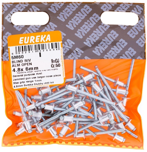 Pop Rivets Eureka Aluminium Open 5M60 4.8mmx6mm QTY50