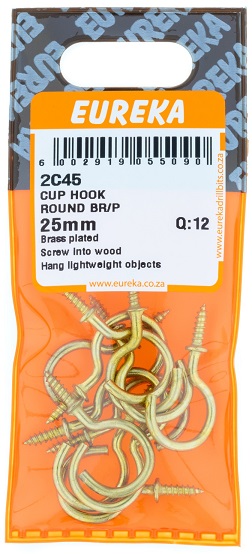 Hook Eureka Cup Hook Round Brass Plated 25mm QTY12