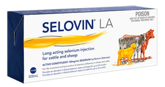 Selovin LA Injection is a long-acting selenium supplementation for cattle and sheep. Selenium is a trace element that is vital for normal metabolism; it is an essential antioxidant that prevents and repairs cell damage, and plays a role in muscle and immune function, and the synthesis of thyroid hormones. Selovin LA works to elevate selenium blood and tissue levels in deficient states.