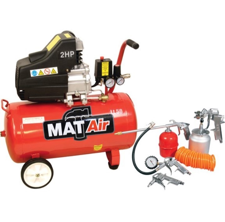 Includes a 5 Piece Spray gun Set. 50L Capacity, 220V, 1.5kW, 8 Bar, 115 PSI, 35 kg. This single-cylinder, single-stage lubricated coaxial compressor is perfect for DIY use, offering reliable performance and durability. It features a cast iron cylinder and a piston with compression rings for quick and efficient operation. The air filter is fitted to the head to ensure clean air intake, while the ON/OFF pressure switch and pressure reducer with gauges provide easy pressure control. Designed with wheels and a vibration-damping foot, the compressor is both stable and portable. The electric motor is equipped with overload protection and a manual reset for safety, and a drain cock is included for convenient maintenance.