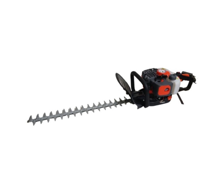 The Husky HT600T Hedge Trimmer features a robust 25.4cc 2-stroke petrol engine and a 600mm blade, designed for efficient hedge maintenance. This model, identified by Turfmaster p/n HUS-HT600T, boasts an engine power output of 0.75 kW (1.02 hp) at 7500 r/min. The power transmission is facilitated by an automatic centrifugal clutch, spur gear, and cam-crank mechanism, with a reduction rate of 4.2:1 (63:15). The engine type is a single-cylinder air-cooled 2-cycle petrol engine that requires a fuel mixture of 25:1, utilizing 2-cycle engine oil for lubrication. The carburettor employs a diaphragm rotary valve, and the ignition is managed by an IC-controlled flywheel magnet. Starting the engine is made easy with a recoil starter.