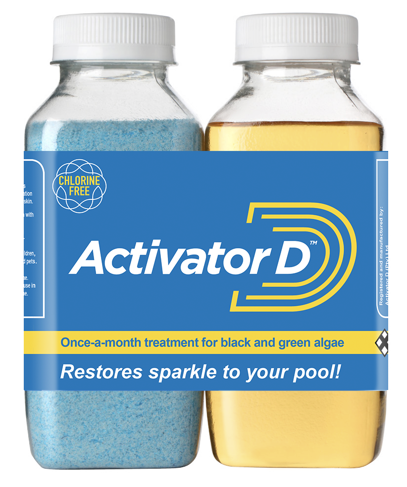 Ensure your pools pH level is between 6.8 - 7.2. Ensure alkalinity level is between 80-120ppm. Backwash the pool. With the motor running and the valve set in filter position, empty both bottles of Activator D into the weir. Do not pour directly into the pool. Backwash weekly & keep pool brushed and baskets clear. Add one set of Activator D per a 50 000l monthly.