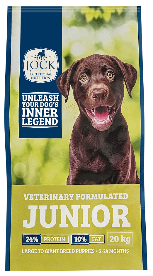 Suitable for all puppies, late pregnant and lactating bitches. The growth and development of a puppy is hard work, and special nutrition is required. Young dogs require a wholesome diet that is balanced and easy to digest and are especially sensitive to the effects of dietary deficiencies, toxins, and poor quality ingredients. JOCK JUNIOR is scientifically formulated with your puppy's health in mind, using only the highest quality ingredients, and containing everything your new pup needs to stay fit and healthy. Because they lack the ability to digest large amounts of food at one time, it is important to divide a puppy's diet into more than two meals. Feed your pup at least three meals per day up to 4 months of age. Dividing the meal into two meals is recommended after 4 months and has the added benefit of reducing the risk of bloating, especially in deep-chested dogs. ANTIOXIDANTS: - Boosts immune system. Added Vitamin C, E and organic selenium are natural antioxidants which help protect your puppy's immune system against harmful free radicals. AMINO ACIDS: - Aids muscle development.