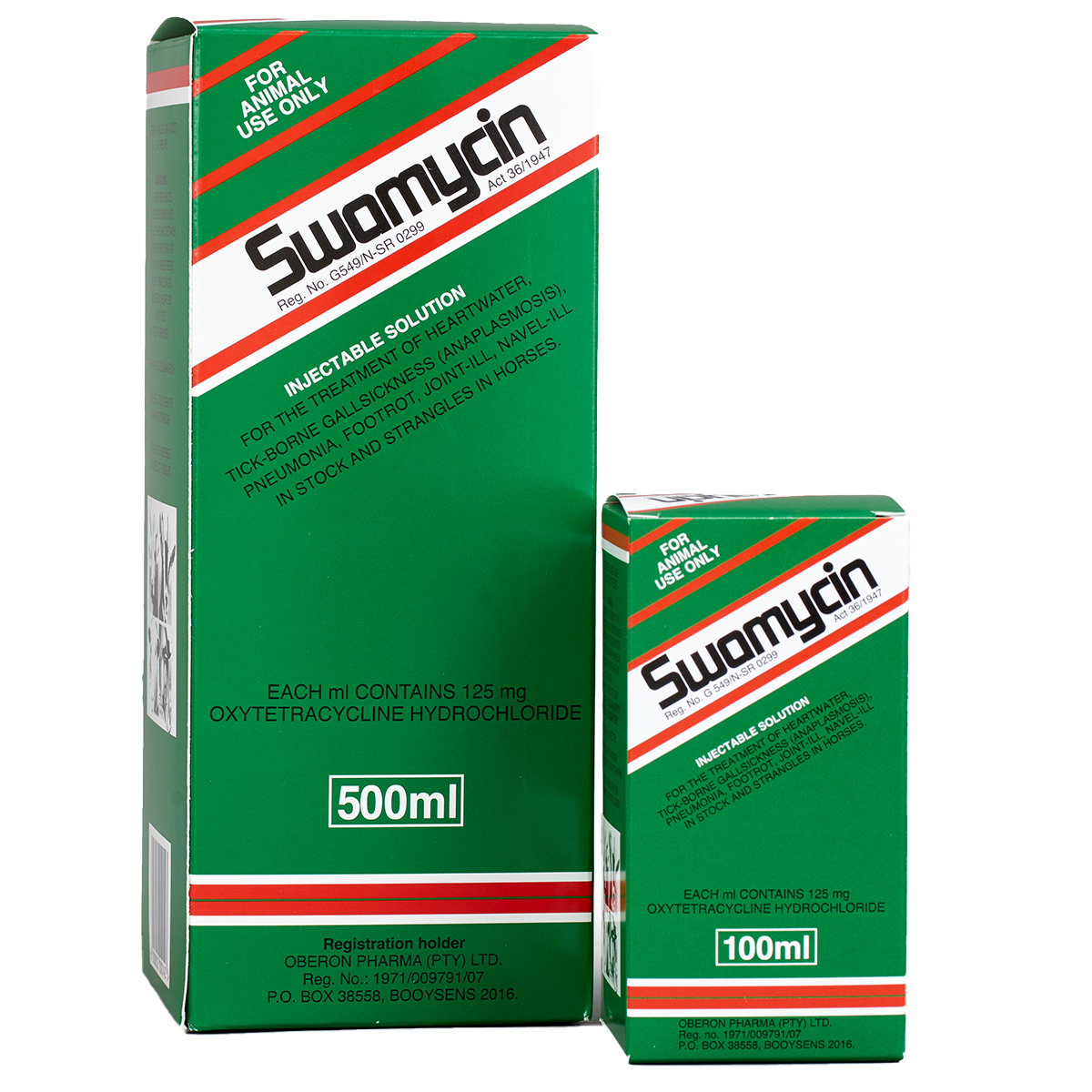 Treatment of heartwater, tick-borne gall sickness (anaplasmosis), pneumonia, footrot, joint-ill, navel-ill in stock and strangles in horses.