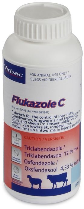 For the control of liver fluke, roundworms, lungworms and tapeworms in cattle and sheep. Flukazole C has a synergistic effect on early immature liver fluke, geared for optimal liver health. Flukazole C has a synergistic effect on early immature liver fluke, geared for optimal liver health. COMPOSITION : Triclabendazole 12% m/v, Oxfendazole 4,53% m/v. Ovicidal. Dosage: 1ml / 10kg body mass orally.