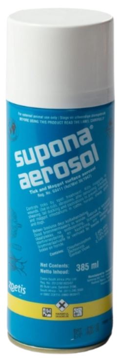 Tick and Maggot surface aerosol. COMPOSITION: Chlorfenvinphos 0,45% m/m, Dichlorvos 0,74% m/m, Gentian Violet 0,145% m/m.