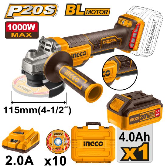 Brushless 1000W Motor. Voltage: 20V. No-load speed: 3 000/8 000 rpm. Disc diameter: 115 mm. Spindle thread: M14. Safety trigger switch. Includes: 1 Set abrasive metal cutting disc (10 Piece), 1 Piece 4.0Ah battery pack (FBLI2002), 1 Piece charger (FCLI2001E), Charge volts: 220 - 240V 50/60Hz, Packed by carrying case.
