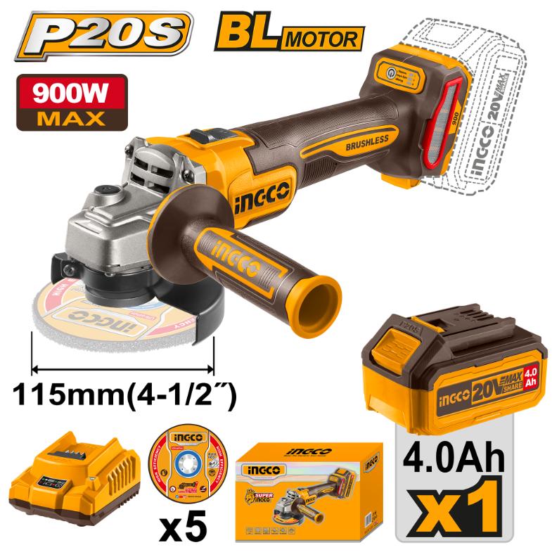 Brushless motor, Voltage: 20V, Max input power: 900W, No-load speed: 3 000/6 000/9 000 rpm, Disc diameter: 115 mm, Spindle thread: M14. Includes: 1 Set abrasive metal cutting disc (5 Piece), 1 Piece 4.0Ah battery pack (FBLI20021), 1 Piece charger (FCLI2001), Charge volts: 220 - 240V 50/60Hz, Packed by colour box.