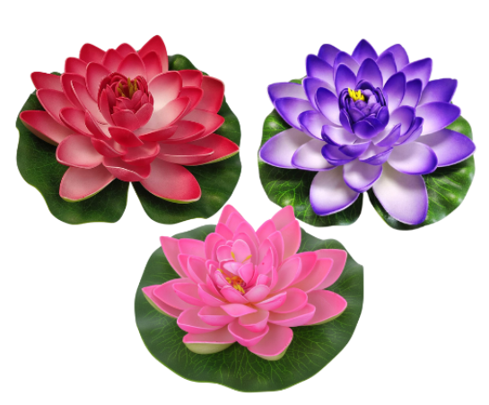 In bright colours, this floating water lily brings a striking splash of colour to your water surface. The water lilies are made of weatherproof plastic and have a mounting eyelet at the bottom.