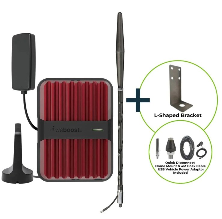 Ideal for vehicles in rural areas seeking cellular single boost (SUVs, caravans, etc.) Kit Includes: weBoost kit + Blade antenna standard Kit (Quick Disconnect, Dome Mount & 4m Coax Cable)+ 1x L-Shaped Bracket. Dimension: weboost kit: 225,5mm x 212,85mm x 54,1mm. Bolton Blade Antenna: 657mmx12mmx12mm