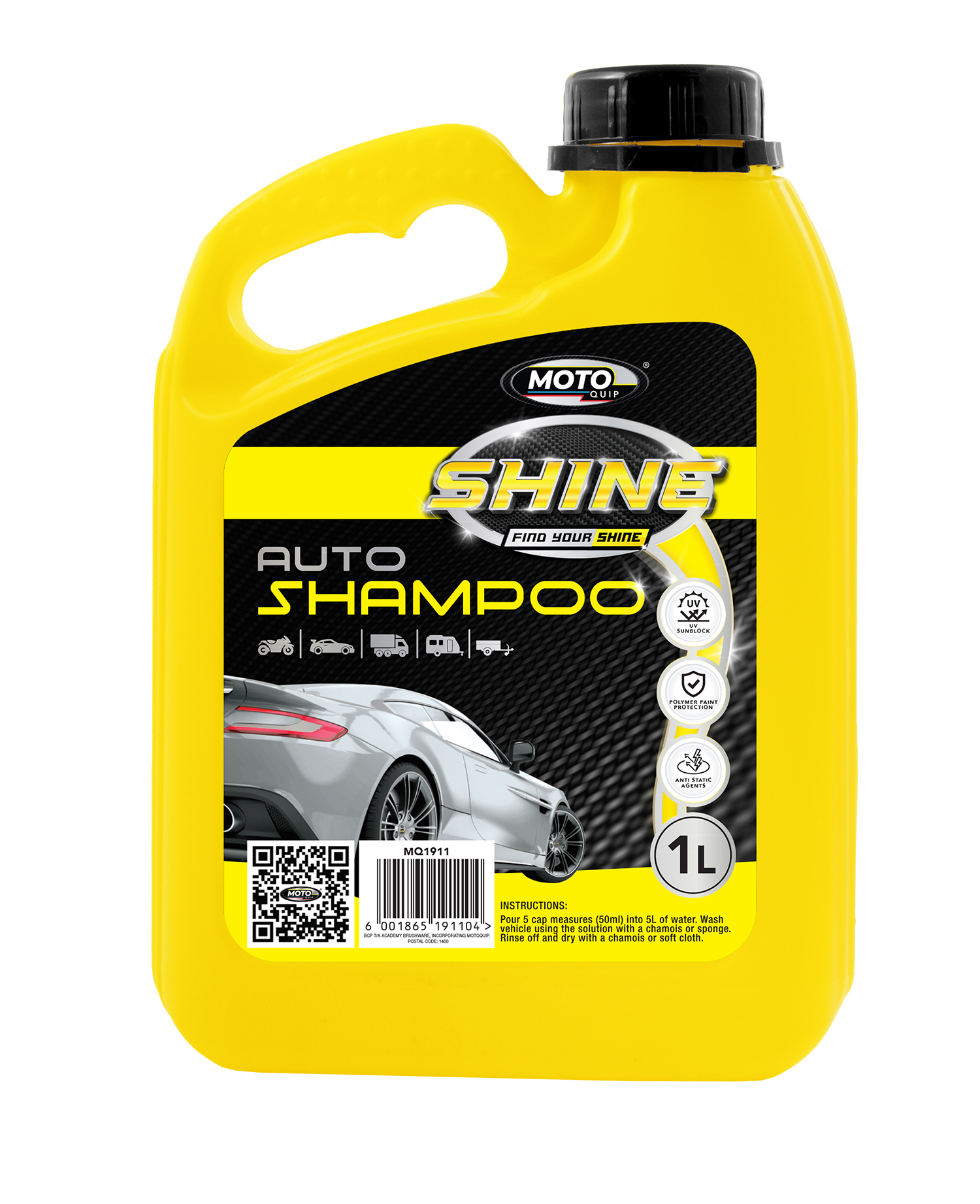 Moto-Quip 1L Car Shampoo cleans and shines your vehicle, leaving a streak-free, polished finish.