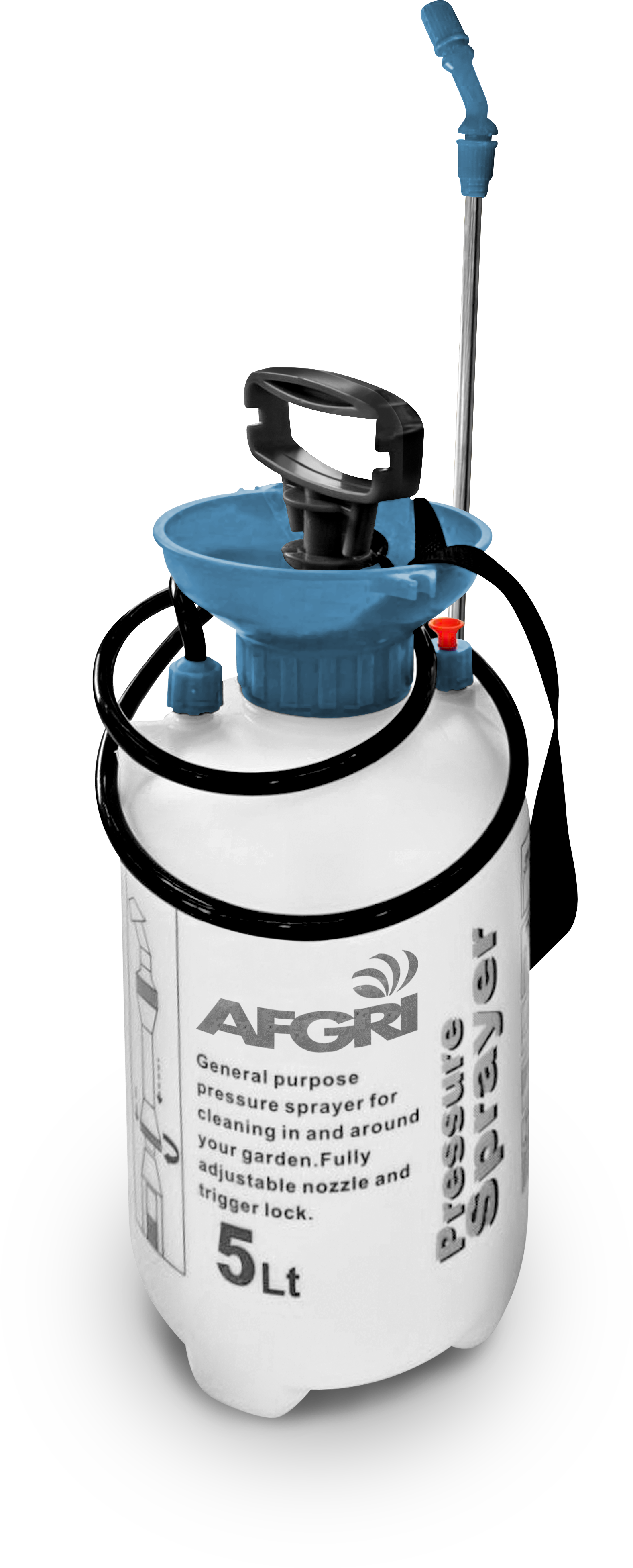 The Afgri 5lt pressure sprayer is a high quality multipurpose shoulder pressure sprayer, packed with features. It is suitable for multiple interior and exterior uses and is ideal for use with water, sanitizers, fertilizers herbicides pesticides, cleaning detergents as well as solvent-free preservative treatments. Lightweight and easy to carry and operate, it is ideally suited for a variety of applications. The sprayer has a stainless steel lance with an adjustable fine-spray brass nozzle and comfortable shoulder strap. It has a large robust filler cap and strong pump handle and a strong see-through tank.