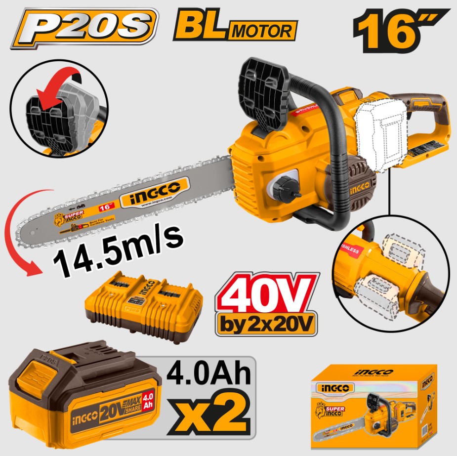 The Ingco 40V Lithium-Ion Chain Saw is a high-quality tool designed for reliable performance. It is built with durability in mind and suitable for a variety of tasks. Its user-friendly design ensures comfortable and efficient operation. Trusted by both DIYers and professionals alike. An excellent addition to any toolkit. Brushless motor. Voltage: 40V (20V + 20V). Bar length: 16" (40 cm). Chain speed: 14.5m/s. Quick Chain brake function. Auto lubrication. Includes: 1 Piece 16" saw chain, 1 Piece 16" chain saw bar, 2 Piece 4.0Ah battery pack (FBLI2002), 1 Piece dual-port charger (FCLI2034E), Charge volts: 220 - 240V 50/60Hz.