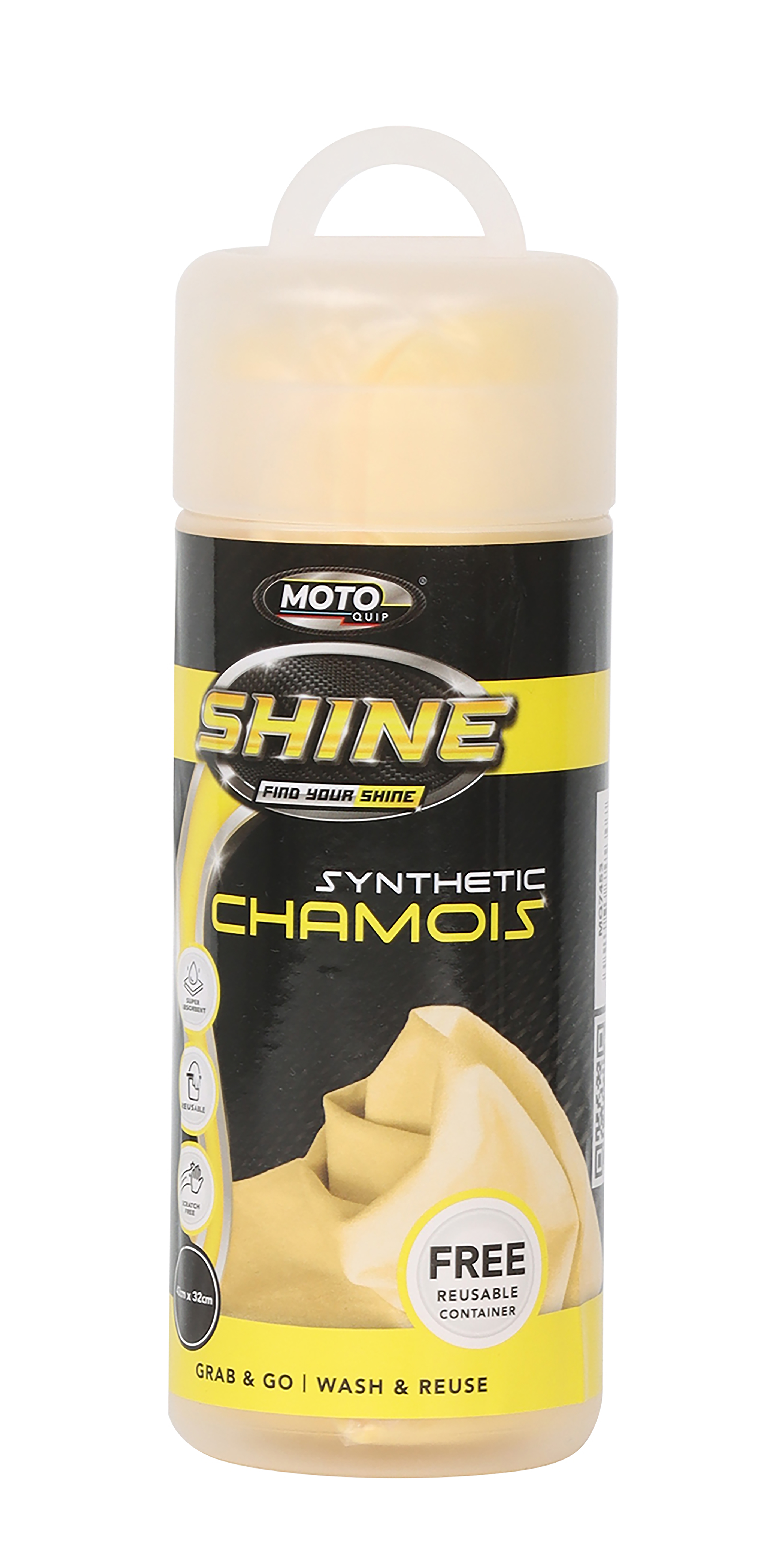 Super-absorbent PVA chamois in a plastic containerperfect for streak-free drying.