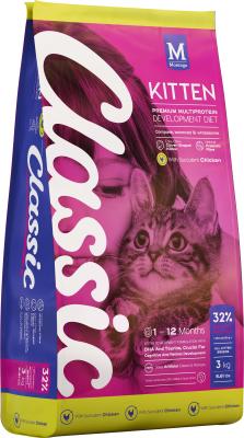Naturally balanced premium nutrition with added essential vitamins & minerals for a complete meal. Kittens require an optimally balanced diet, rich in nutrients, energy and flavour. Benefits Include: Growth - Inclusive of 32% protein and 13% fat. Digestion - Fructo-oligosaccharides are natural prebiotic fibres that reinforce your kitten's intestinal health and reduce the risk of digestive upsets. Cognitive Development - DHA is a crucial fatty acid which nourishes the brain and facilitates retinal development. Conditioning - Balanced Omega 6 & 3 fatty acids help nourish your kitten's skin. The added Calcium helps build strong teeth and bones. Immune Support - Natural Antioxidants, such as Vitamin C and E, help support your kitten's overall cellular health and assist in building a healthy immune system. Vision Support - Taurine, boosted by increasing Classic Kitten's meat-based proteins, supports cardiac function and healthy vision.