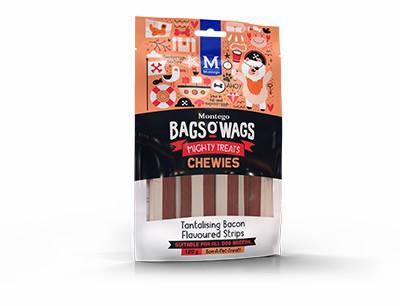 Tantalising Bacon Flavoured Strips. Highly nutritious, wagtastically delicious, Bags O' Wags are the treats dogs love to get and they're full of yummy goodness. The Bags O' Wags range of treats make on excellent reward for good behaviour. a tempting incentive when training or a between meal-snack that hits the spot. Ideal for daily use, Bags O' Wags treats make the perfect complement to every Montego Pet Nutrition dry or wet food diet. Bags O' Wags treats are made to the same high standards as all Montego Pet Nutrition products, using only the finest ingredients, prepared to perfection in our world-class facility. Disclaimer: Treat only, not a complete and balanced diet.