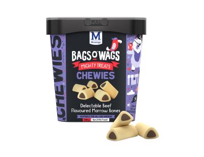 Delectable Beef Flavoured Marrow Bones. Highly nutritious, wagtastically delicious, Bags O' Wags are the treats dogs love to get and they're full of yummy goodness. The Bags O' Wags range of treats make on excellent reward for good behaviour. a tempting incentive when training or a between meal-snack that hits the spot. Ideal for daily use, Bags O' Wags treats make the perfect complement to every Montego Pet Nutrition dry or wet food diet. Bags O' Wags treats are made to the same high standards as all Montego Pet Nutrition products, using only the finest ingredients, prepared to perfection in our world-class facility. Disclaimer: Treat only, not a complete and balanced diet.