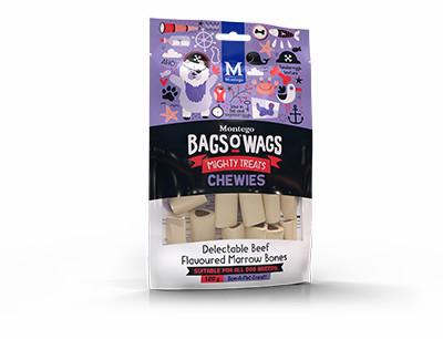Delectable Beef Flavoured Marrow Bones. Highly nutritious, wagtastically delicious, Bags O' Wags are the treats dogs love to get and they're full of yummy goodness. The Bags O' Wags range of treats make on excellent reward for good behaviour. a tempting incentive when training or a between meal-snack that hits the spot. Ideal for daily use, Bags O' Wags treats make the perfect complement to every Montego Pet Nutrition dry or wet food diet. Bags O' Wags treats are made to the same high standards as all Montego Pet Nutrition products, using only the finest ingredients, prepared to perfection in our world-class facility. Disclaimer: Treat only, not a complete and balanced diet.