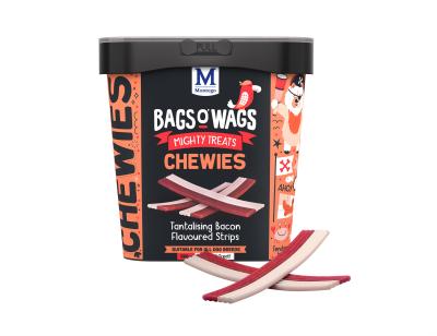 Tantalising Bacon Flavoured Strips. Highly nutritious, wagtastically delicious, Bags O' Wags are the treats dogs love to get and they're full of yummy goodness. The Bags O' Wags range of treats make on excellent reward for good behaviour. a tempting incentive when training or a between meal-snack that hits the spot. Ideal for daily use, Bags O' Wags treats make the perfect complement to every Montego Pet Nutrition dry or wet food diet. Bags O' Wags treats are made to the same high standards as all Montego Pet Nutrition products, using only the finest ingredients, prepared to perfection in our world-class facility. Disclaimer: Treat only, not a complete and balanced diet.