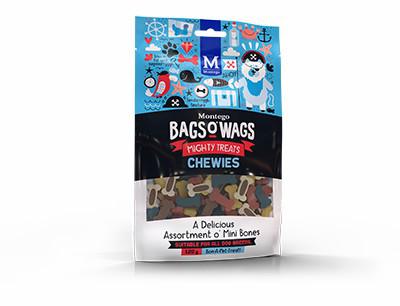 A Delicious Assortment o' Mini Bones. Highly nutritious, wagtastically delicious, Bags O' Wags are the treats dogs love to get and they're full of yummy goodness. The Bags O' Wags range of treats make on excellent reward for good behaviour. a tempting incentive when training or a between meal-snack that hits the spot. Ideal for daily use, Bags O' Wags treats make the perfect complement to every Montego Pet Nutrition dry or wet food diet. Bags O' Wags treats are made to the same high standards as all Montego Pet Nutrition products, using only the finest ingredients, prepared to perfection in our world-class facility. Disclaimer: Treat only, not a complete and balanced diet.