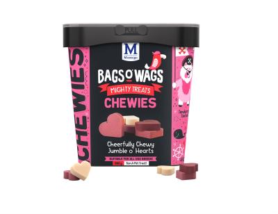 Cheerfully Chewy Jumble o' Hearts. Highly nutritious, wagtastically delicious, Bags O' Wags are the treats dogs love to get and they're full of yummy goodness. The Bags O' Wags range of treats make on excellent reward for good behaviour. a tempting incentive when training or a between meal-snack that hits the spot. Ideal for daily use, Bags O' Wags treats make the perfect complement to every Montego Pet Nutrition dry or wet food diet. Bags O' Wags treats are made to the same high standards as all Montego Pet Nutrition products, using only the finest ingredients, prepared to perfection in our world-class facility. Disclaimer: Treat only, not a complete and balanced diet.