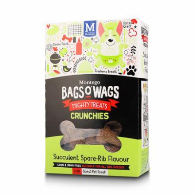 Succulent Spare-Rib Flavour. Highly nutritious, wagtastically delicious, Bags O' Wags are the treats dogs love to get and they're full of om-nom-nice-to-munch-­and-crunch goodness! Benefits: Handcrafted Flavour- Handcrafted in small batches using the finest ingredients they taste as heavenly as they smell (to your dog!) Easy to Digest- A single source of protein means easier digestion for a happy tum (and crunchy fun) A Perfect Treat- Crunchy and easy to snap, these tasty treats are ideal as a delicious reward when training (or whenever!) Fresher Breath for Kisses- The teeth cleaning agent and rosemary extract clean teeth and freshens breath (For everyone's sake). Bags O' Wags treats are made to the same high standards as all Montego Pet Nutrition products, using only the finest ingredients, prepared to perfection in our world-class facility. Disclaimer: Treat only, not a complete and balanced diet.
