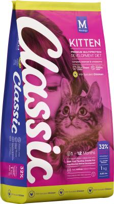 Naturally balanced premium nutrition with added essential vitamins & minerals for a complete meal. Kittens require an optimally balanced diet, rich in nutrients, energy and flavour. Benefits Include: Growth - Inclusive of 32% protein and 13% fat. Digestion - Fructo-oligosaccharides are natural prebiotic fibres that reinforce your kitten's intestinal health and reduce the risk of digestive upsets. Cognitive Development - DHA is a crucial fatty acid which nourishes the brain and facilitates retinal development. Conditioning - Balanced Omega 6 & 3 fatty acids help nourish your kitten's skin. The added Calcium helps build strong teeth and bones. Immune Support - Natural Antioxidants, such as Vitamin C and E, help support your kitten's overall cellular health and assist in building a healthy immune system. Vision Support - Taurine, boosted by increasing Classic Kitten's meat-based proteins, supports cardiac function and healthy vision.